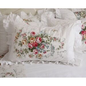 FADFAY Cottagecore Floral Pillow Sham Ruffle Frill Lace Euro Queen White Roses